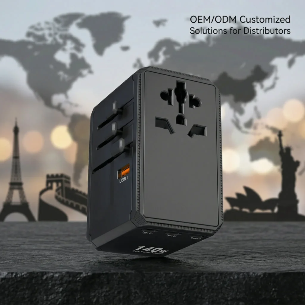 Специальные дорожные адаптеры GaN мощностью 140 Вт с вилками для разных стран мира на фоне карты мира.