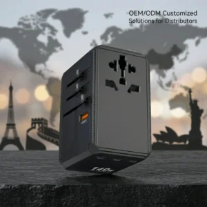 140W GaN custom travel adapters with global plugs against a world map background